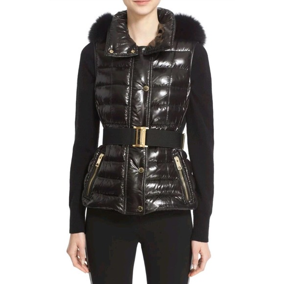 NWT BURBERRY WILLOWBANK BLACK QUILTED HOODED DOWN GENUINE FOX FUR VEST SIZE M